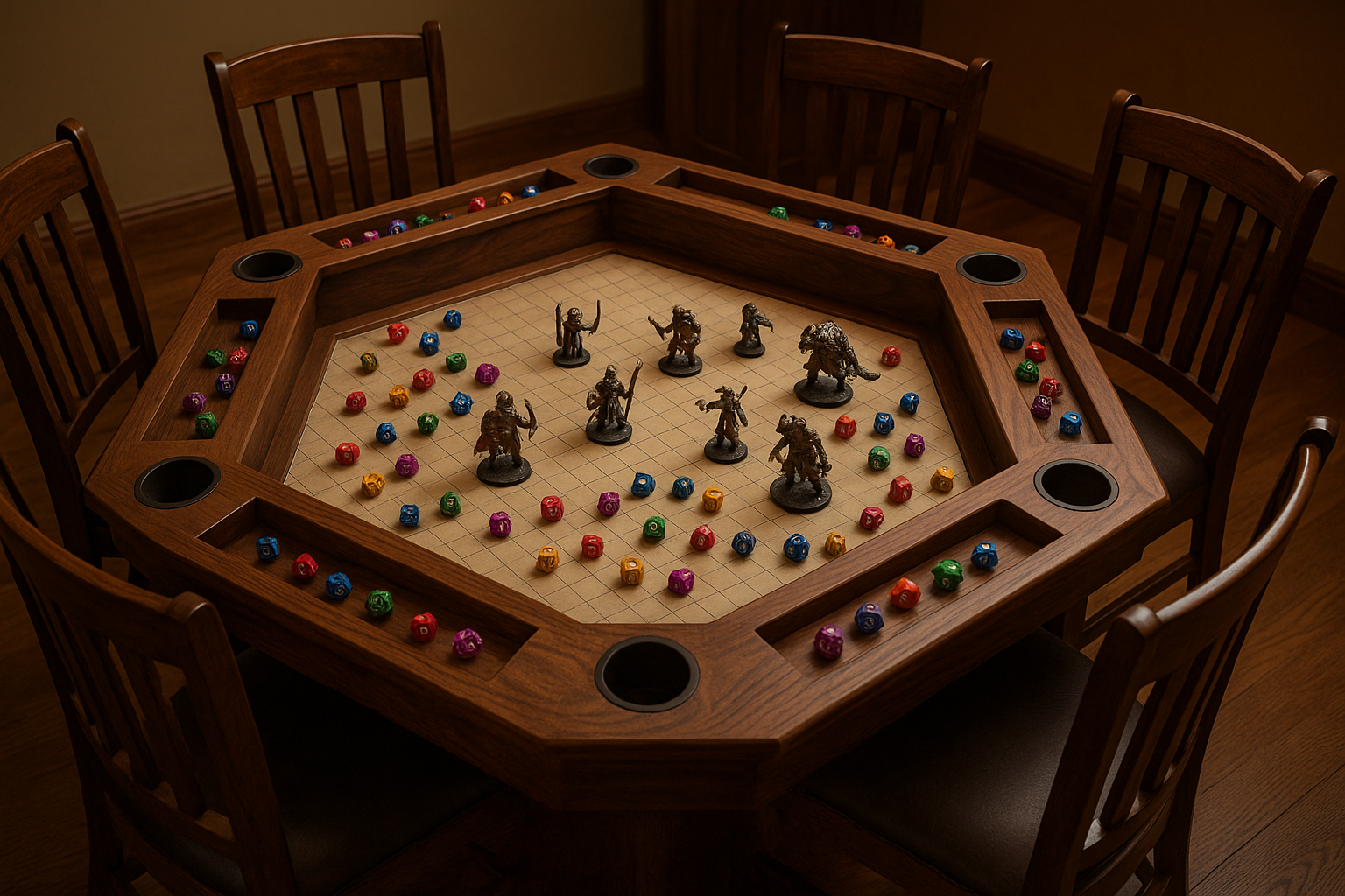 Custom dungeons and dragons gaming table made from wood with miniatures sitting on top of it. make it hexagon shaped with 6 chairs around it