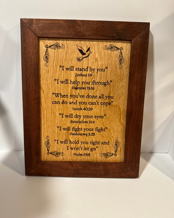Wooden plaque with engraved Bible verses in a Walnut frame