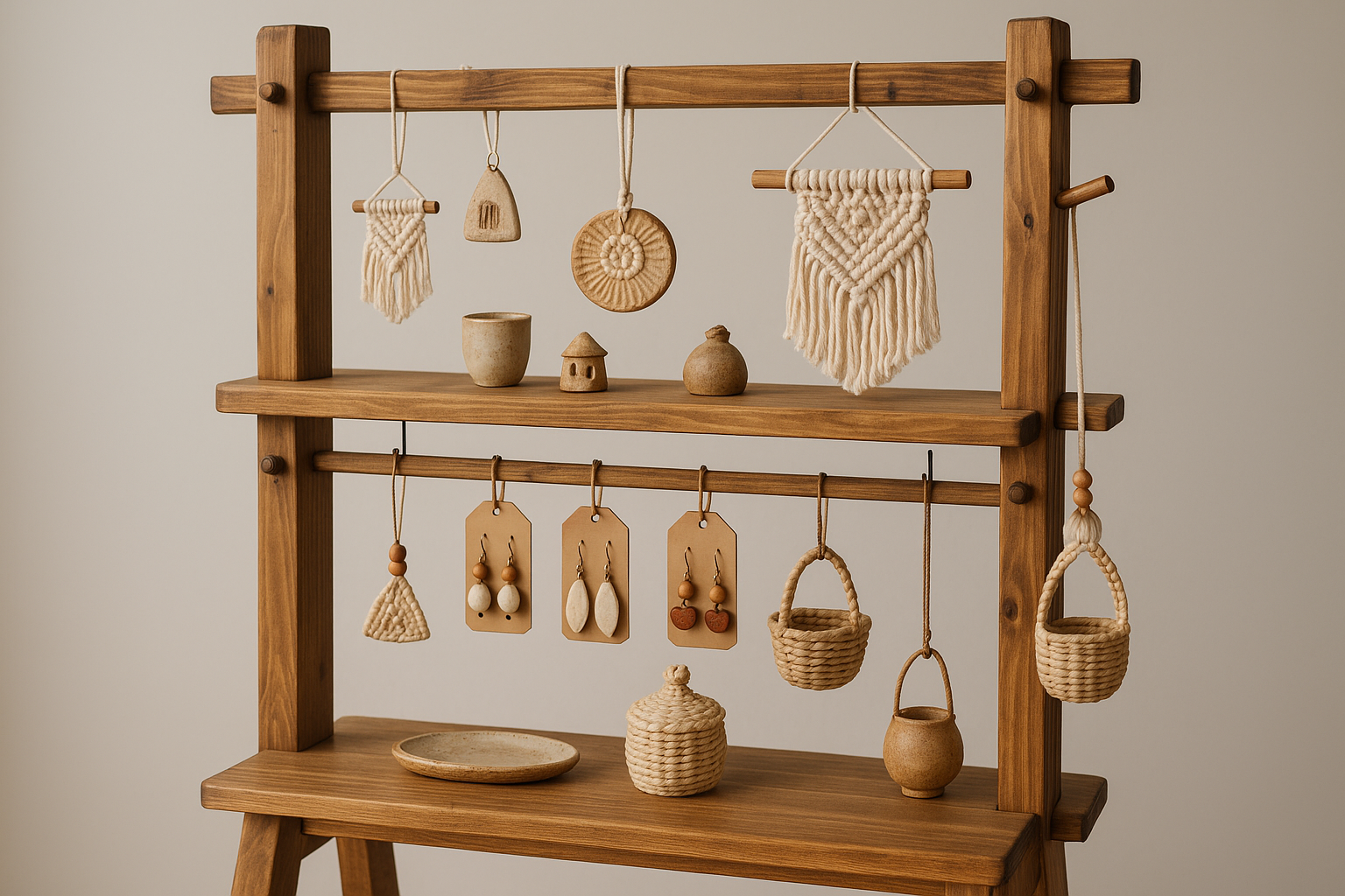 Custom wood business display with crafts hanging from it
